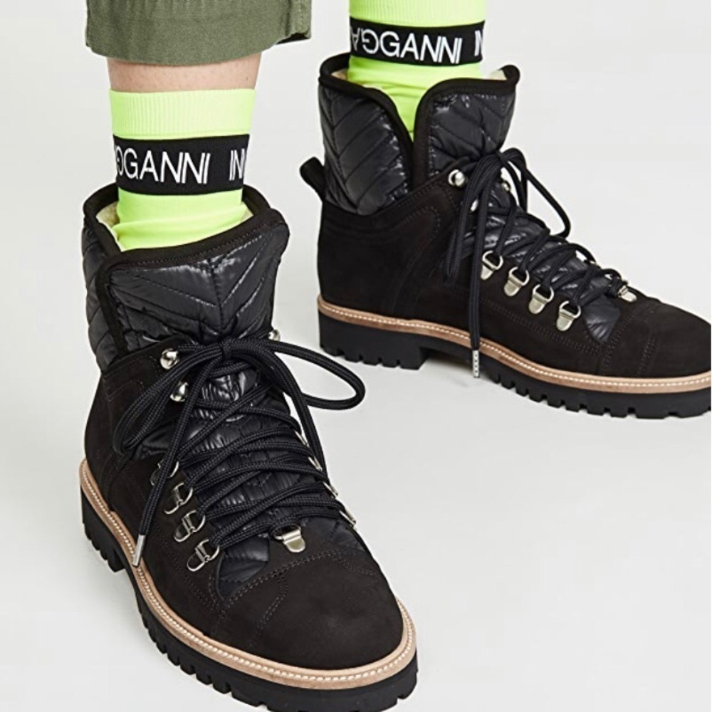 Ganni Edna Shearling Lined Suede Leather Boots Black